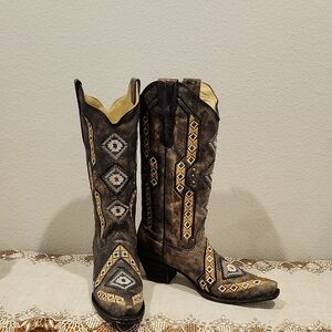 Corral Brown Leather Western Embroidered Heeled Boots Size 9.5 Geometric Design